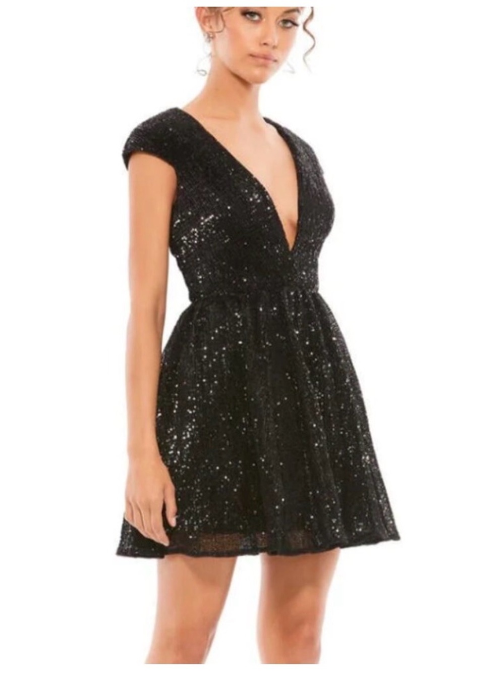Mac Duggal Black Sequin Deep V Mini Dress